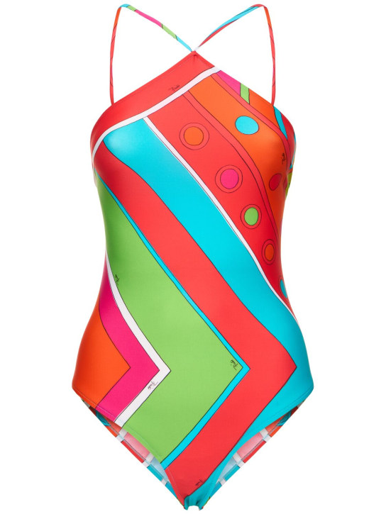 Pucci: Shiny lycra one piece swimsuit - Turuncu/Fuşya - women_0 | Luisa Via Roma