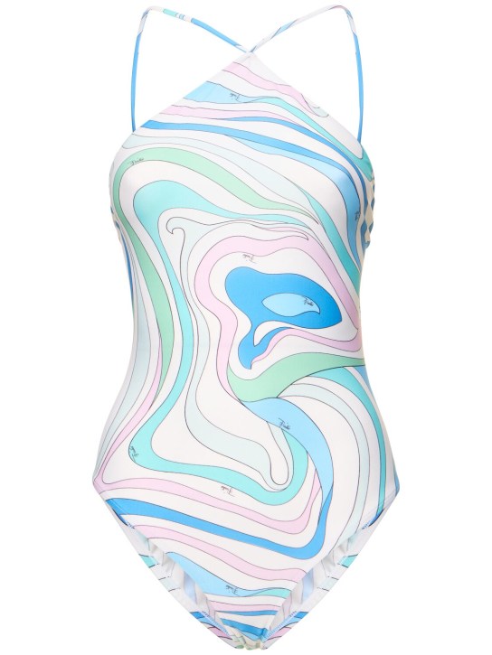 Pucci: Shiny lycra one piece swimsuit - Mavi/Beyaz - women_0 | Luisa Via Roma