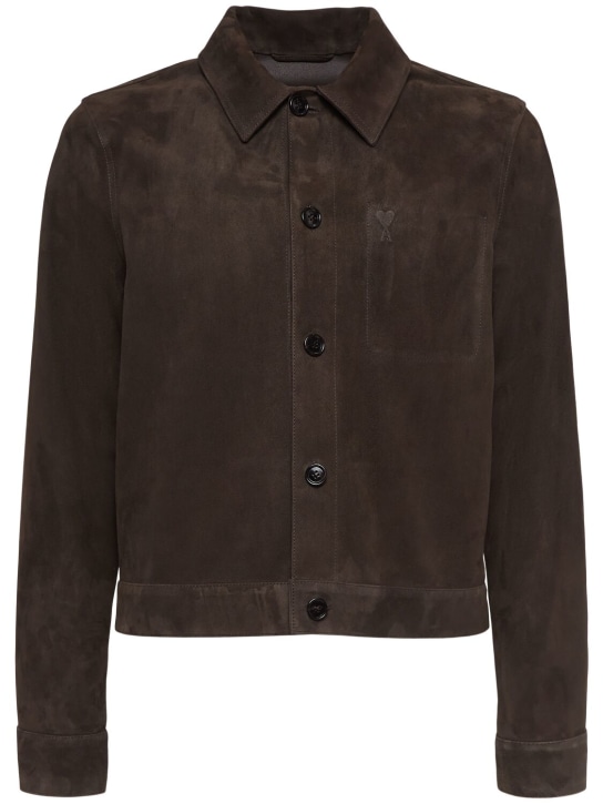 AMI Paris: Buttoned leather overshirt - Dark Coffee - men_0 | Luisa Via Roma