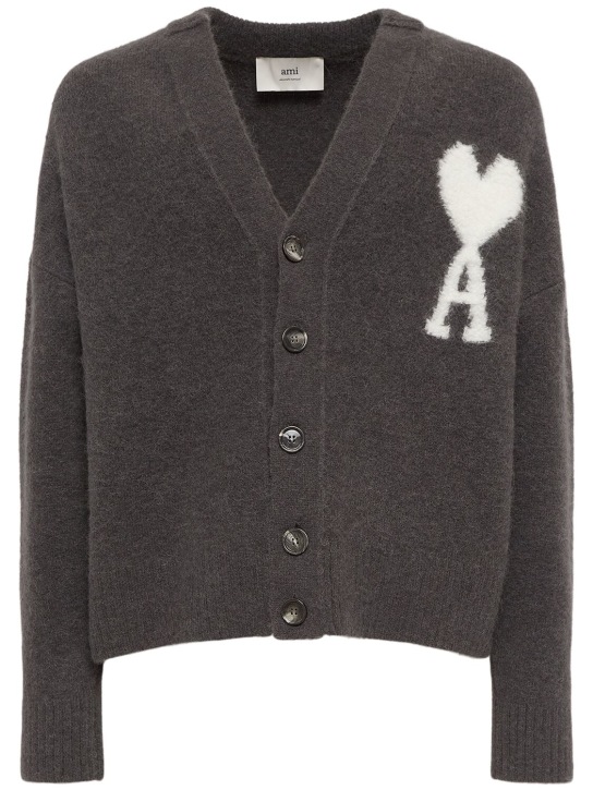 AMI Paris: Adc alpaca blend cardigan - Dark Grey - men_0 | Luisa Via Roma