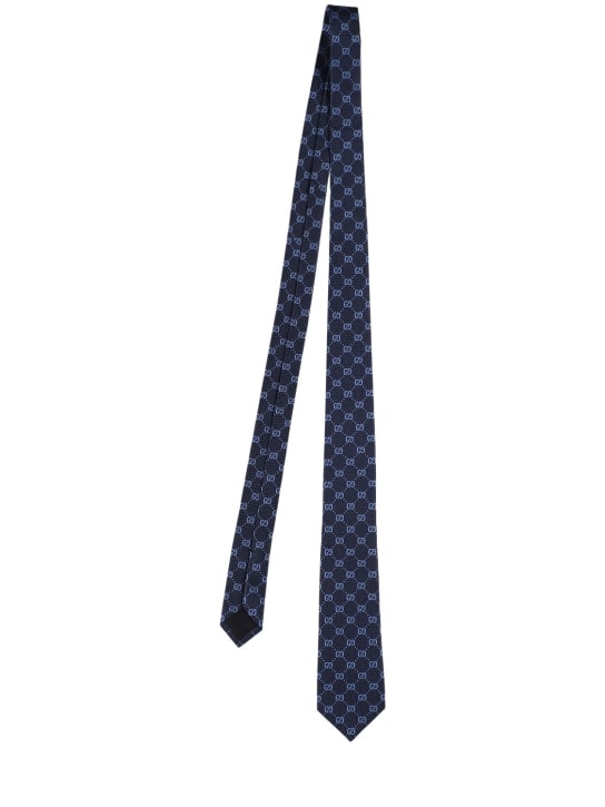 Gucci: Cravate en soie GG Picots 7 cm - Bleu Marine/Bleu Ciel - men_0 | Luisa Via Roma