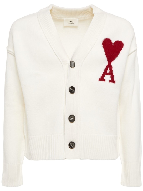 AMI Paris: Cardigan en maille de laine à logo - Rouge/Blanc - men_0 | Luisa Via Roma