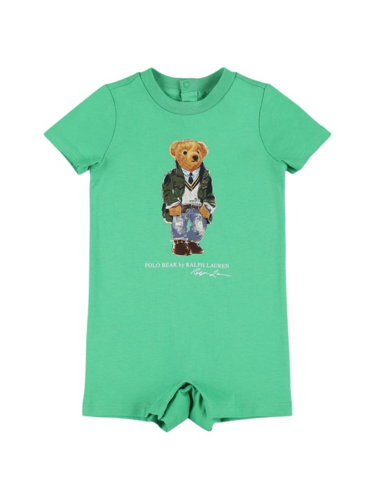 Polo Ralph Lauren: Polo Bear printed cotton jersey romper - Green - kids-boys_0 | Luisa Via Roma