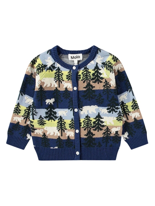 Molo: Intarsia cotton&wool knit cardigan - Blue/Multi - kids-boys_0 | Luisa Via Roma