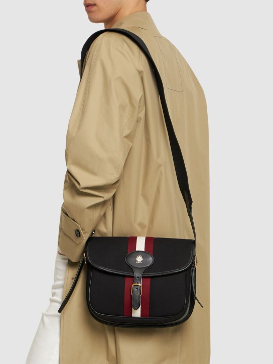 Bally: Beckett leather & cotton messenger bag - Nero/Oro - men_1 | Luisa Via Roma