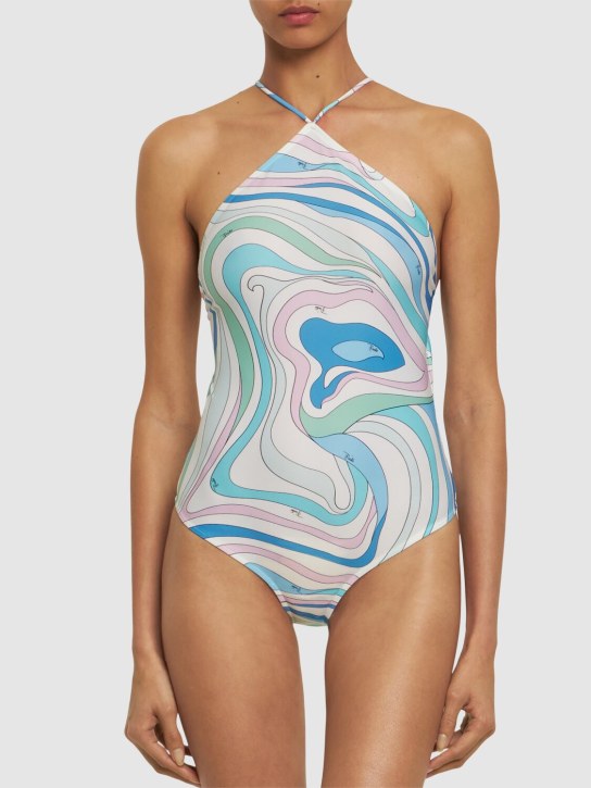 Pucci: Shiny lycra one piece swimsuit - Blue/White - women_1 | Luisa Via Roma