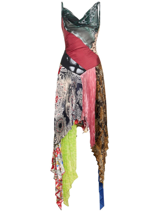 Marine Serre: Robe longue asymétrique en soie à manches courtes - Multicolore - women_0 | Luisa Via Roma