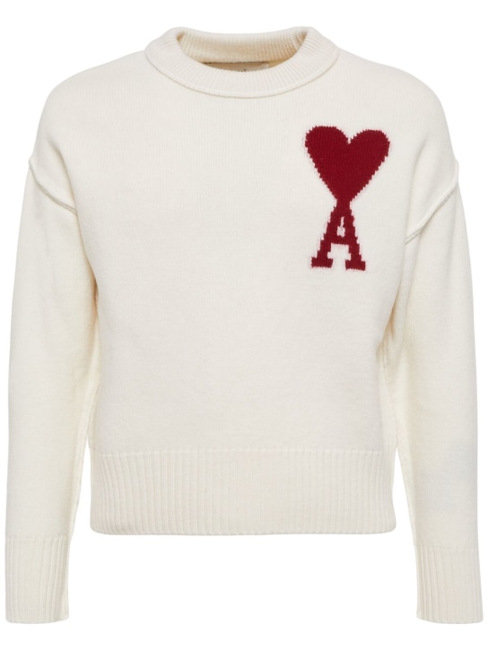 AMI Paris: Suéter de punto de lana con logo - Blanco Opaco - men_0 | Luisa Via Roma