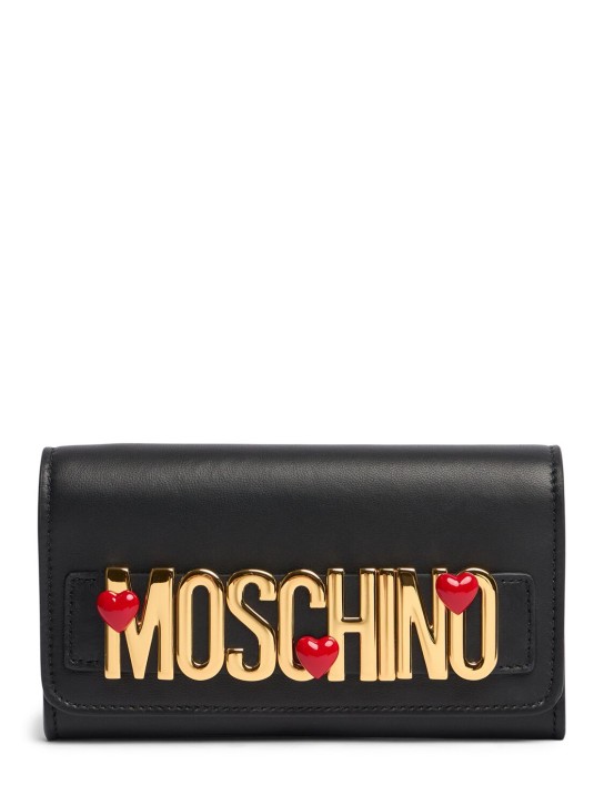 Moschino: Heart logo nappa leather wallet on chain - Siyah - women_0 | Luisa Via Roma
