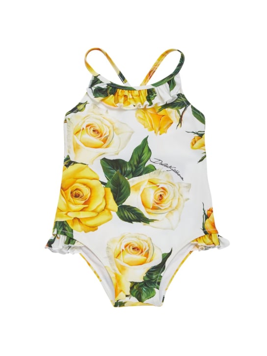 Dolce&Gabbana: 印花莱卡连体泳衣 - 白色/黄色 - kids-girls_0 | Luisa Via Roma