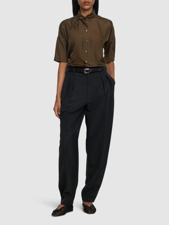 Lemaire: Short sleeve fitted silk shirt w/ scarf - Brown - women_1 | Luisa Via Roma