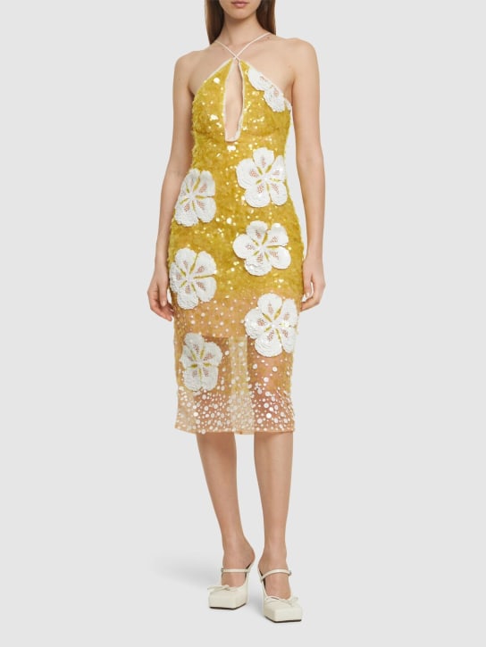 Des Phemmes: Hibiscus embroidered tulle midi dress - Lime/White - women_1 | Luisa Via Roma