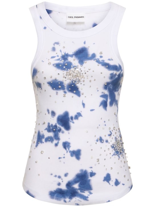 Des Phemmes: Tie dye embellished rib jersey tank top - Mavi/Beyaz - women_0 | Luisa Via Roma
