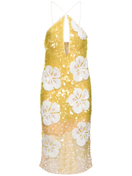 Des Phemmes: Hibiscus embroidered tulle midi dress - Lime/White - women_0 | Luisa Via Roma