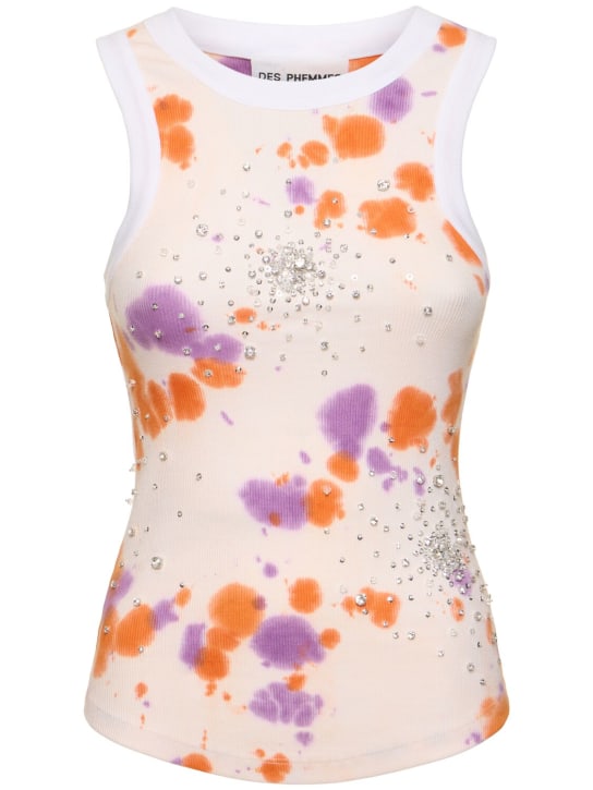 Des Phemmes: Tie dye embellished rib jersey tank top - White/Orange - women_0 | Luisa Via Roma