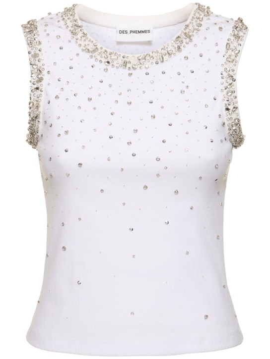Des Phemmes: Crystal embellished rib jersey tank top - Beyaz - women_0 | Luisa Via Roma