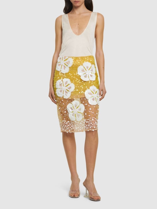 Des Phemmes: Hibiscus embroidered tulle midi skirt - Lime/White - women_1 | Luisa Via Roma