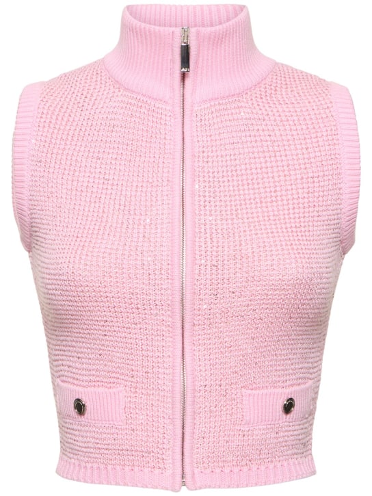 Alessandra Rich: High neck sequined knit vest w/zip - Pembe - women_0 | Luisa Via Roma