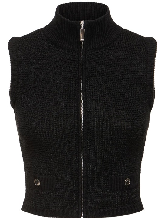 Alessandra Rich: High neck sequined knit vest w/zip - Siyah - women_0 | Luisa Via Roma