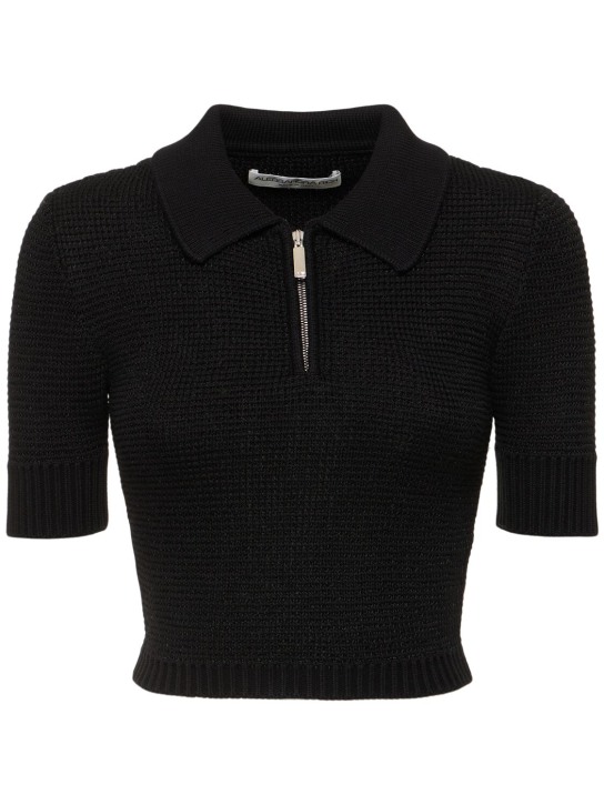 Alessandra Rich: Sequined cotton blend knit polo w/ zip - Siyah - women_0 | Luisa Via Roma