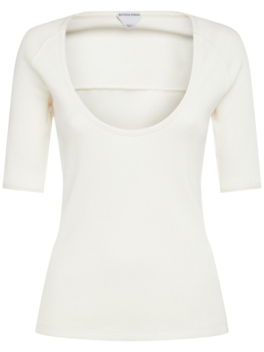 Bottega Veneta: Top de jersey de algodón acanalado - Blanco Opaco - women_0 | Luisa Via Roma