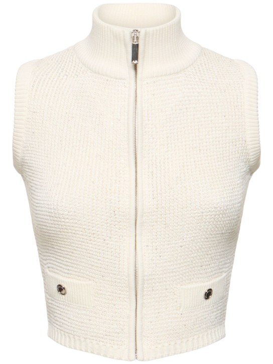 Alessandra Rich: High neck sequined knit vest w/zip - Beyaz - women_0 | Luisa Via Roma