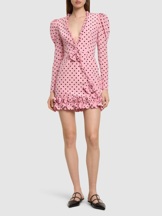 Alessandra Rich: 폴카닷 프린트 러플 실크 미디 드레스 - 핑크/블랙 - women_1 | Luisa Via Roma