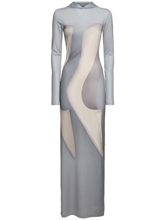 Acne Studios: Langes Kleid aus Jersey mit Kapuze und Druck - Silber/Beige - women_0 | Luisa Via Roma