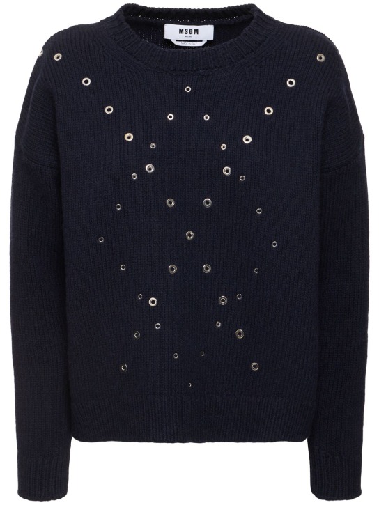 MSGM: Wool blend embellished crewneck sweater - Lacivert - women_0 | Luisa Via Roma