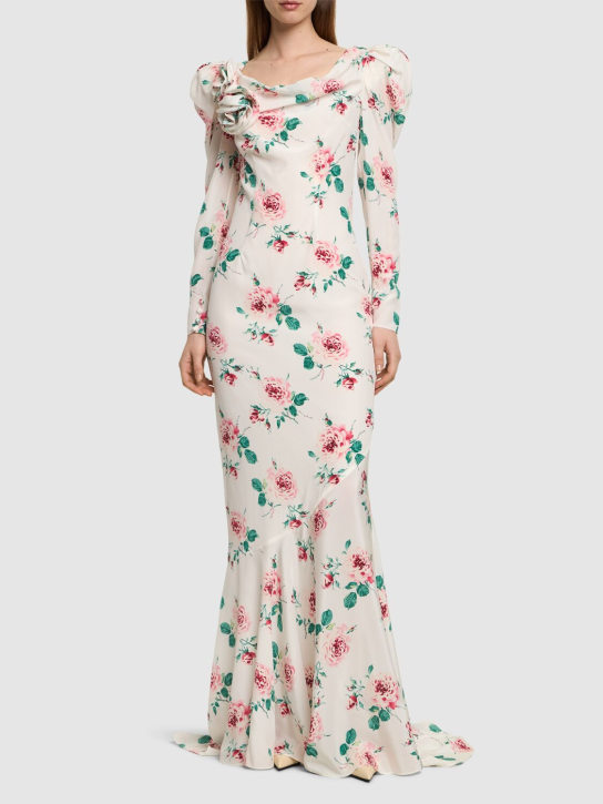 Alessandra Rich: Rose printed silk maxi dress w/ appliqué - White/Multi - women_1 | Luisa Via Roma
