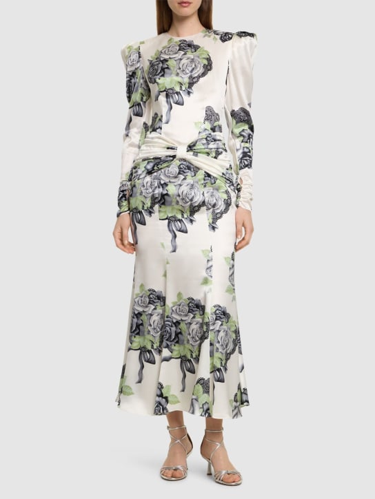 Alessandra Rich: Kleid aus Seidensatin mit Rosendruck - Schwarz/Weiß - women_1 | Luisa Via Roma