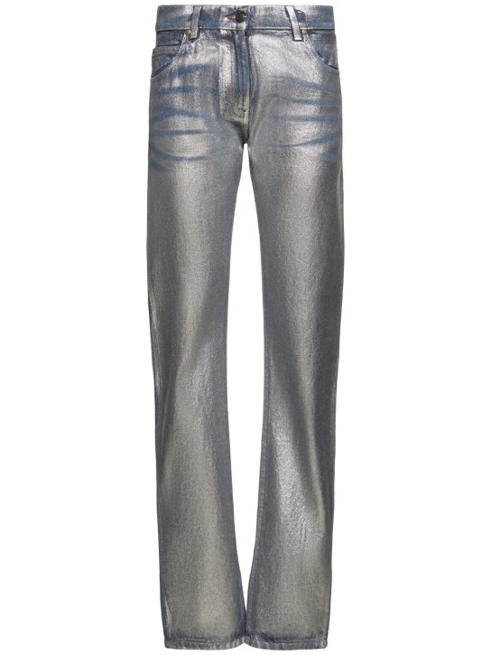MSGM: Silver-coated denim low rise jeans - Mavi/Gümüş - women_0 | Luisa Via Roma