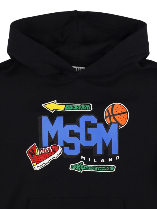 MSGM: Sweat-shirt en coton imprimé à capuche - Noir - kids-boys_1 | Luisa Via Roma