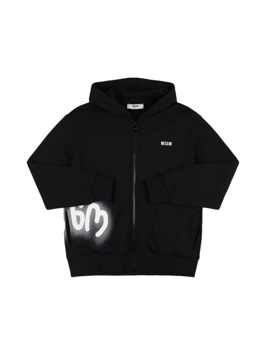 MSGM: Printed cotton zipped hoodie - Black - kids-boys_0 | Luisa Via Roma