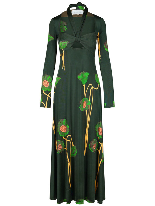 Johanna Ortiz: Paisaje Lejano shiny jersey midi dress - Green/Multi - women_0 | Luisa Via Roma