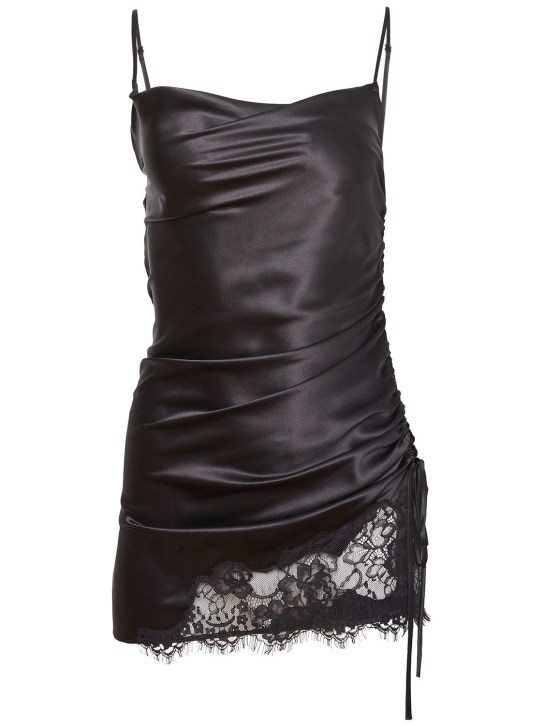 Fleur Du Mal: Ruched silk & lace mini dress - Siyah - women_0 | Luisa Via Roma