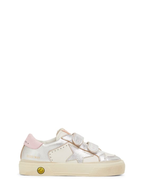 Golden Goose: May School laminated leather sneakers - White/Silver - kids-girls_0 | Luisa Via Roma