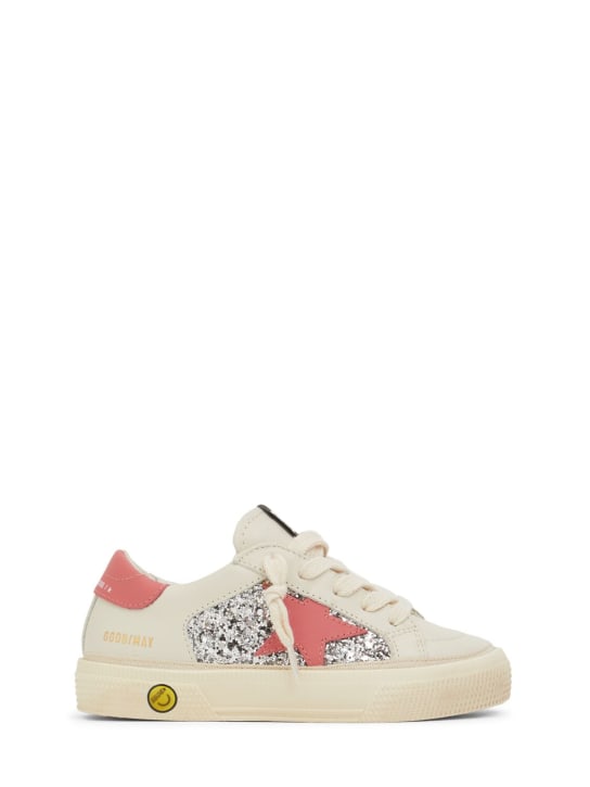 Golden Goose: May glitter leather sneakers - White/Silver - kids-girls_0 | Luisa Via Roma