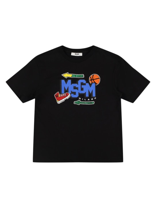 MSGM: Camiseta de jersey de algodón estampada - Negro - kids-boys_0 | Luisa Via Roma