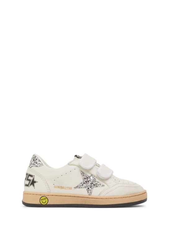 Golden Goose: Ballstar glitter leather strap sneakers - White/Silver - kids-girls_0 | Luisa Via Roma