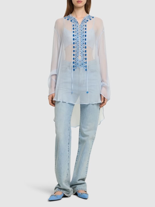 Ermanno Scervino: Embroidered silk caftan shirt - Blue - women_1 | Luisa Via Roma