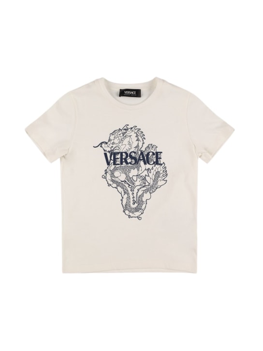 Versace: Camiseta de algodón jersey estampado - Blanco/Marino - kids-boys_0 | Luisa Via Roma