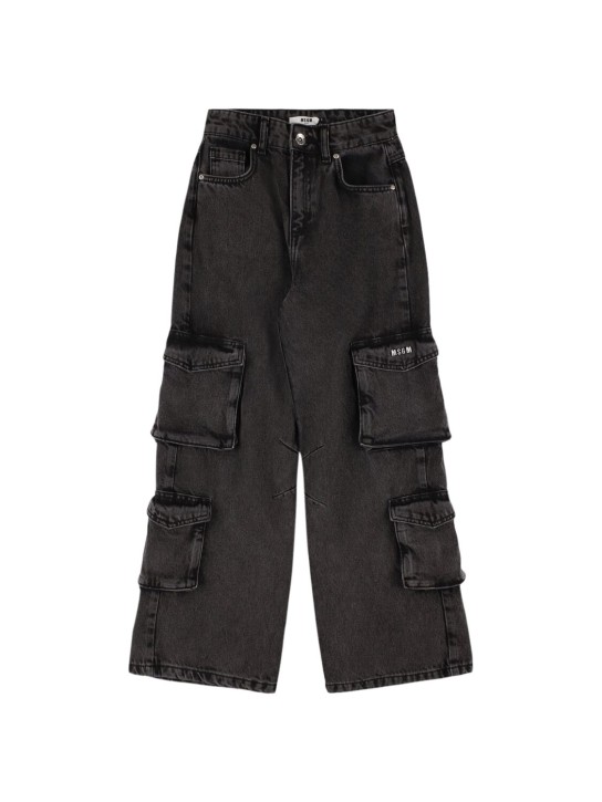 MSGM: Cotton denim cargo jeans - Siyah - kids-girls_0 | Luisa Via Roma