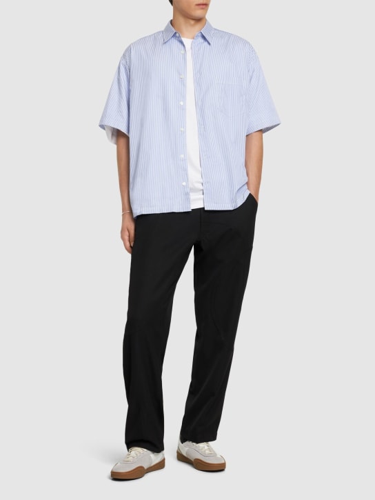 Comme des Garçons Homme: Cotton short sleeve shirt - White/Navy - men_1 | Luisa Via Roma