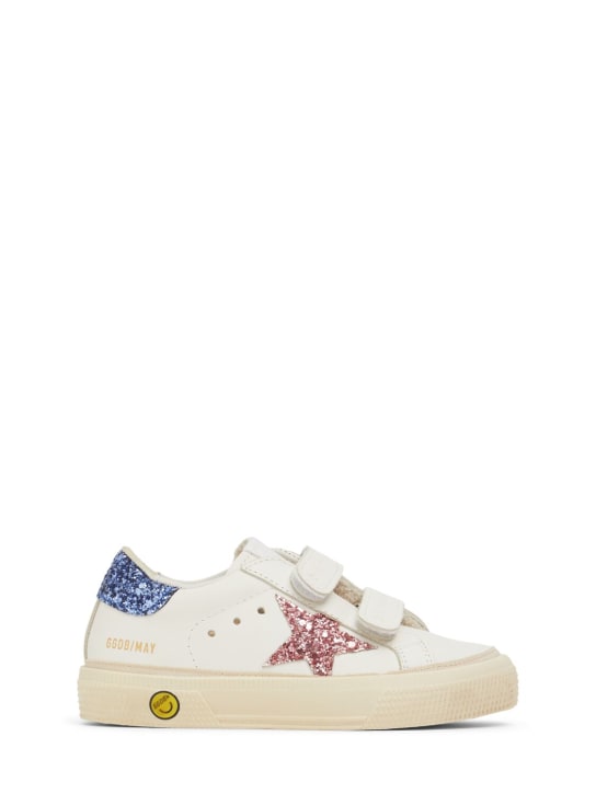 Golden Goose: May School glitter leather sneakers - White/Blue/Pink - kids-girls_0 | Luisa Via Roma