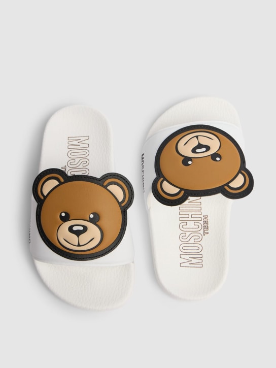 Moschino: Logo print rubber slide sandals w/ patch - White - kids-girls_1 | Luisa Via Roma
