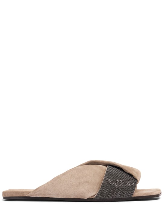 Brunello Cucinelli: 5mm hohe Sandalen aus Wildleder - Hellbraun - women_0 | Luisa Via Roma
