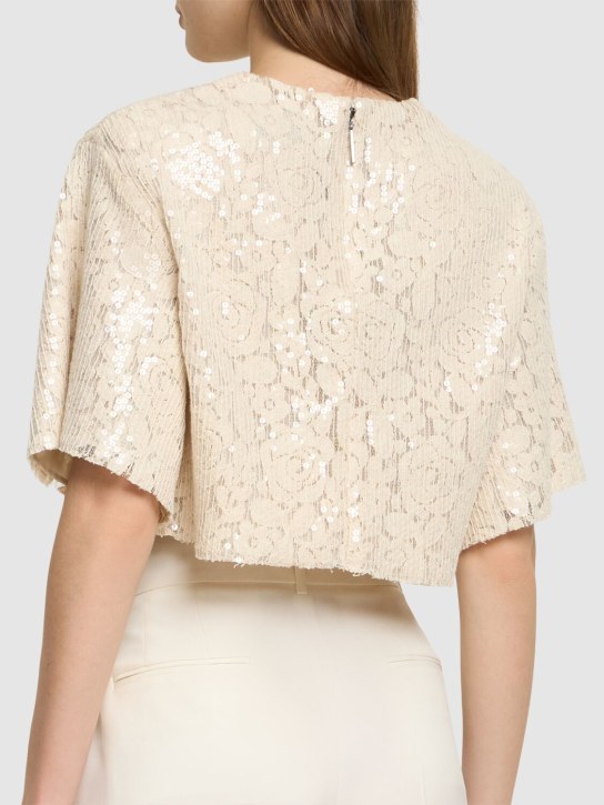 MSGM: Sequined lace short sleeve crop top - Beige - women_2 | Luisa Via Roma