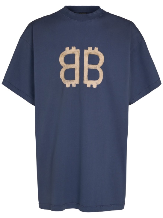 Balenciaga: T-Shirt aus Baumwolle mit Druck „Crypto“ - Washed Blue - men_0 | Luisa Via Roma