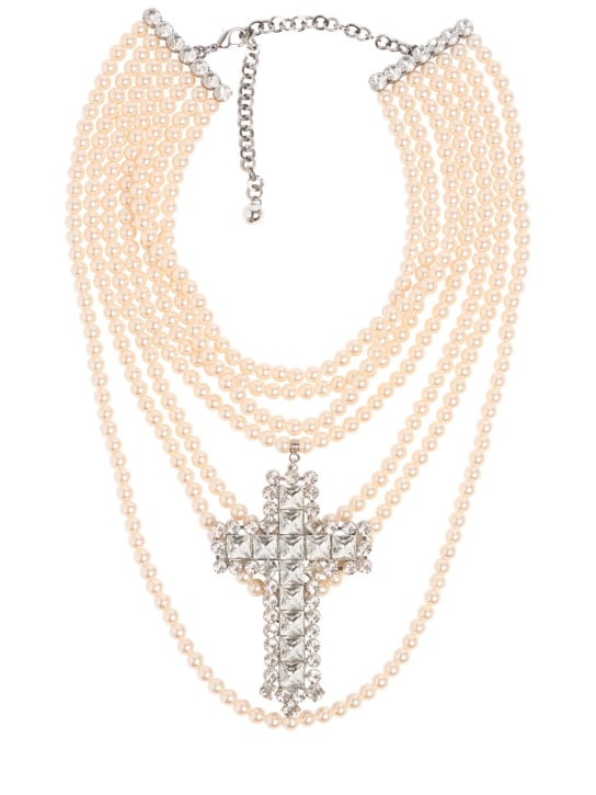 Alessandra Rich: Multi-strand faux pearl cross necklace - Pearl-gold - women_0 | Luisa Via Roma